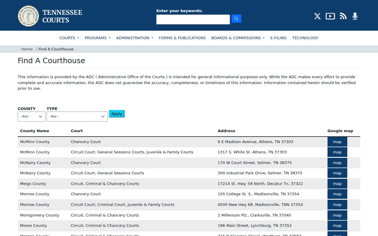 Tennessee judiciary courthouse locator result for Sequatchie County courts