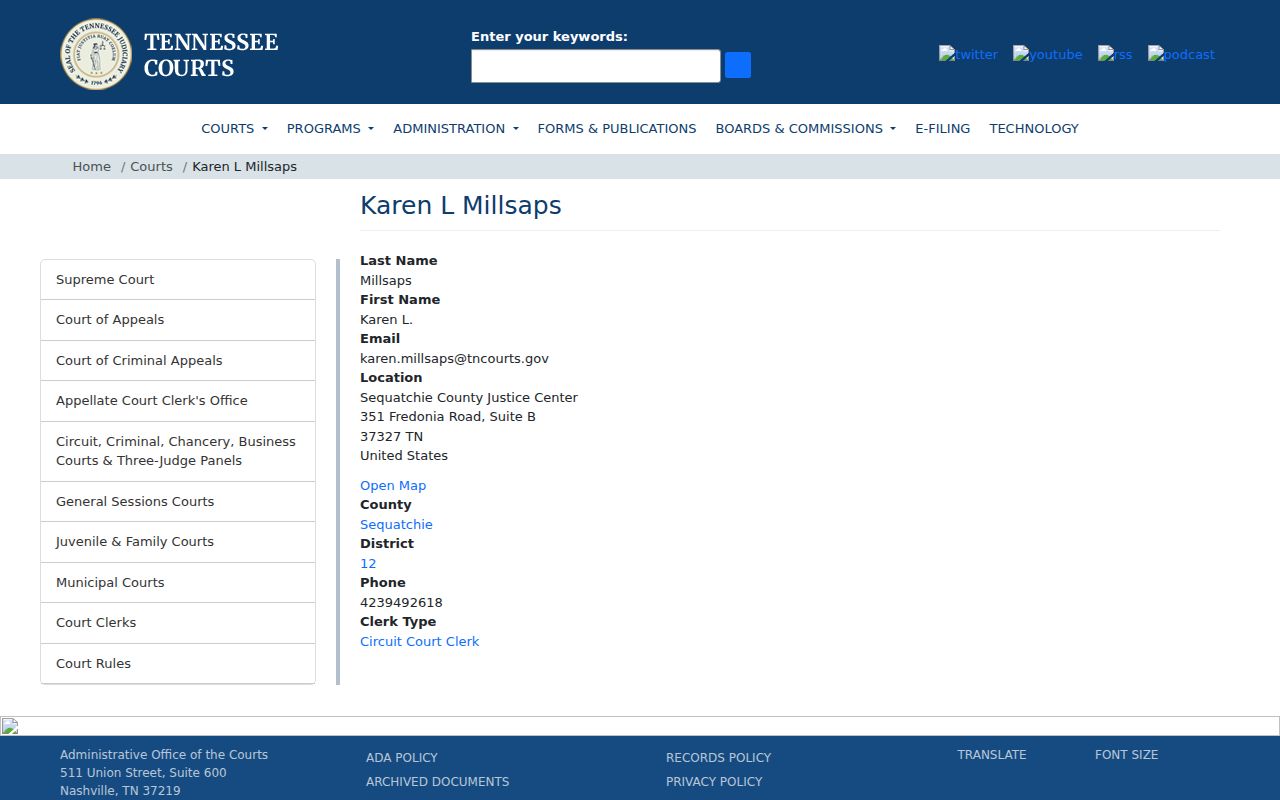 Tennessee judiciary profile for Sequatchie County Circuit Court Clerk Karen Millsaps