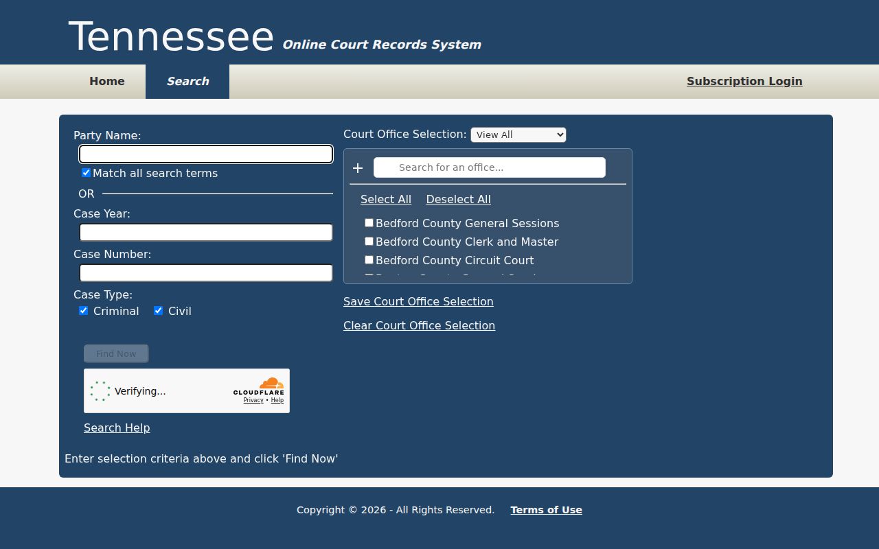 TnCrtInfo public case search form used to check Sequatchie County participation