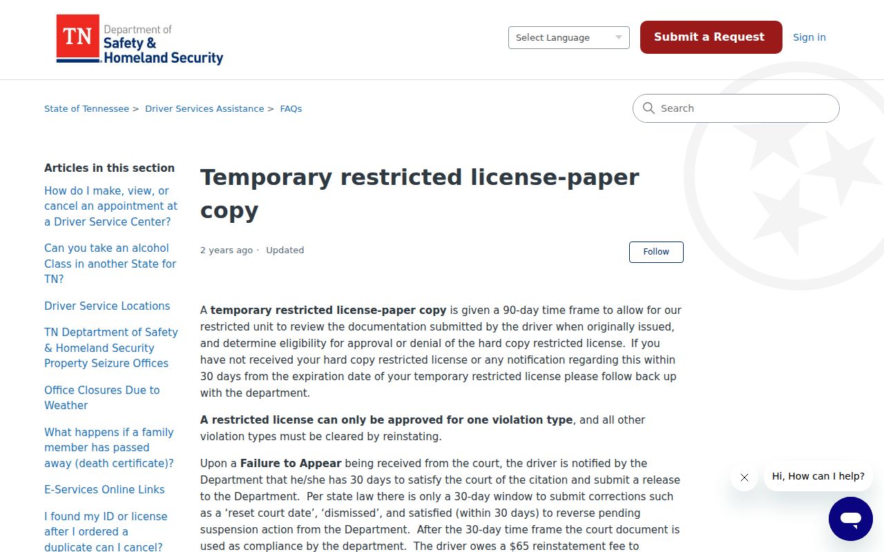 Tennessee failure-to-appear correction and reinstatement guidance for a traffic court release
