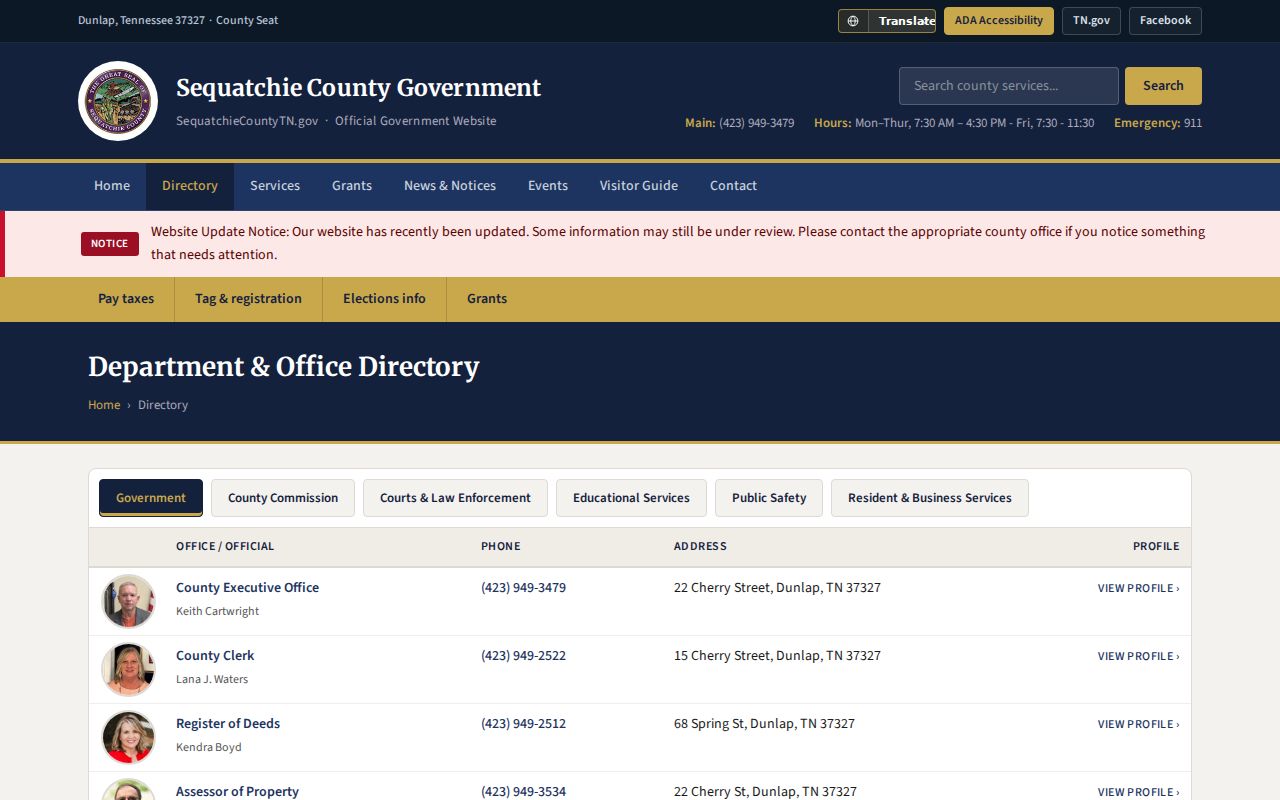 Official Sequatchie County directory with court and clerk contacts