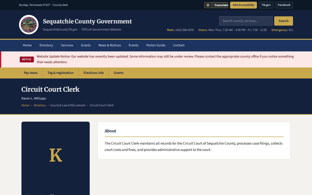 Sequatchie County Circuit Court Clerk profile for Karen Millsaps